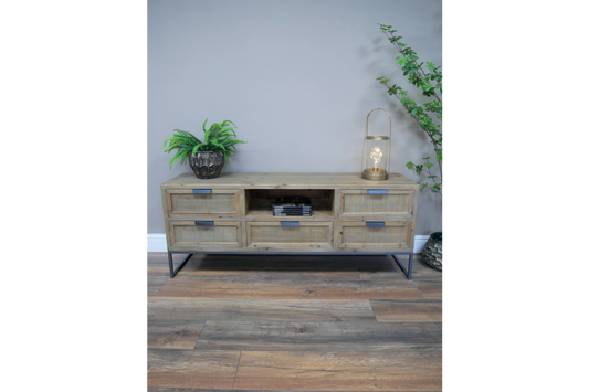 Industrial Solid Wood TV Cabinet with 5 Drawers & 1 Shelf