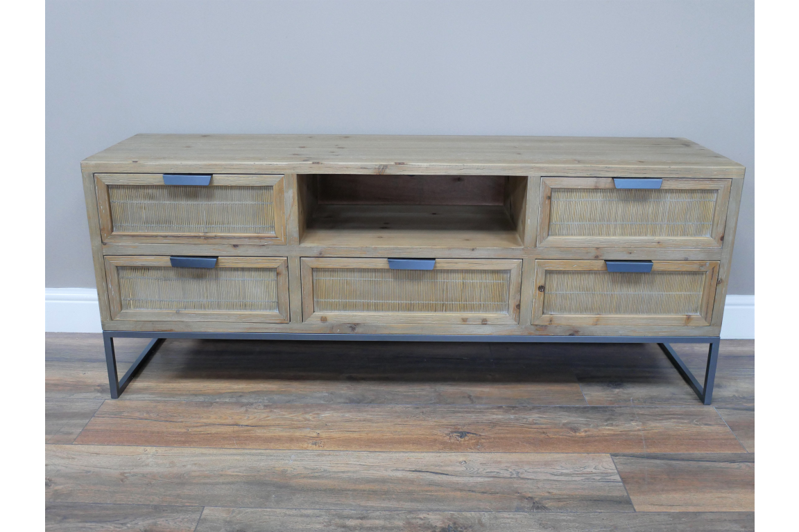 Industrial Solid Wood TV Cabinet with 5 Drawers & 1 Shelf