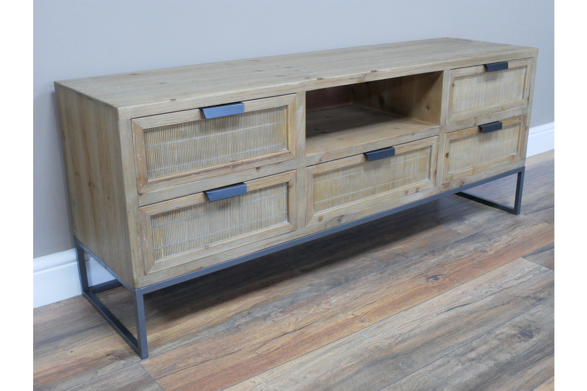 Industrial Solid Wood TV Cabinet with 5 Drawers & 1 Shelf