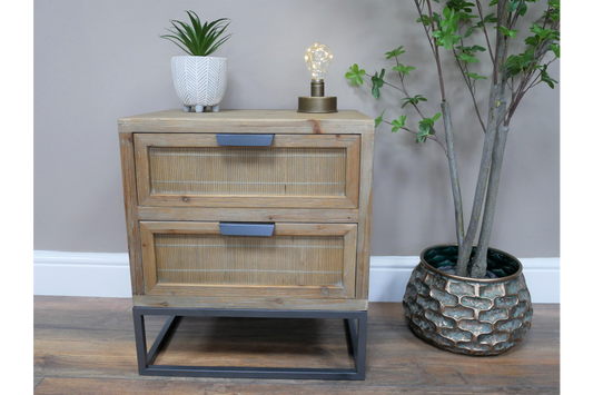 Industrial Wooden 2 Drawer Bedside Cabinet with Metal Base