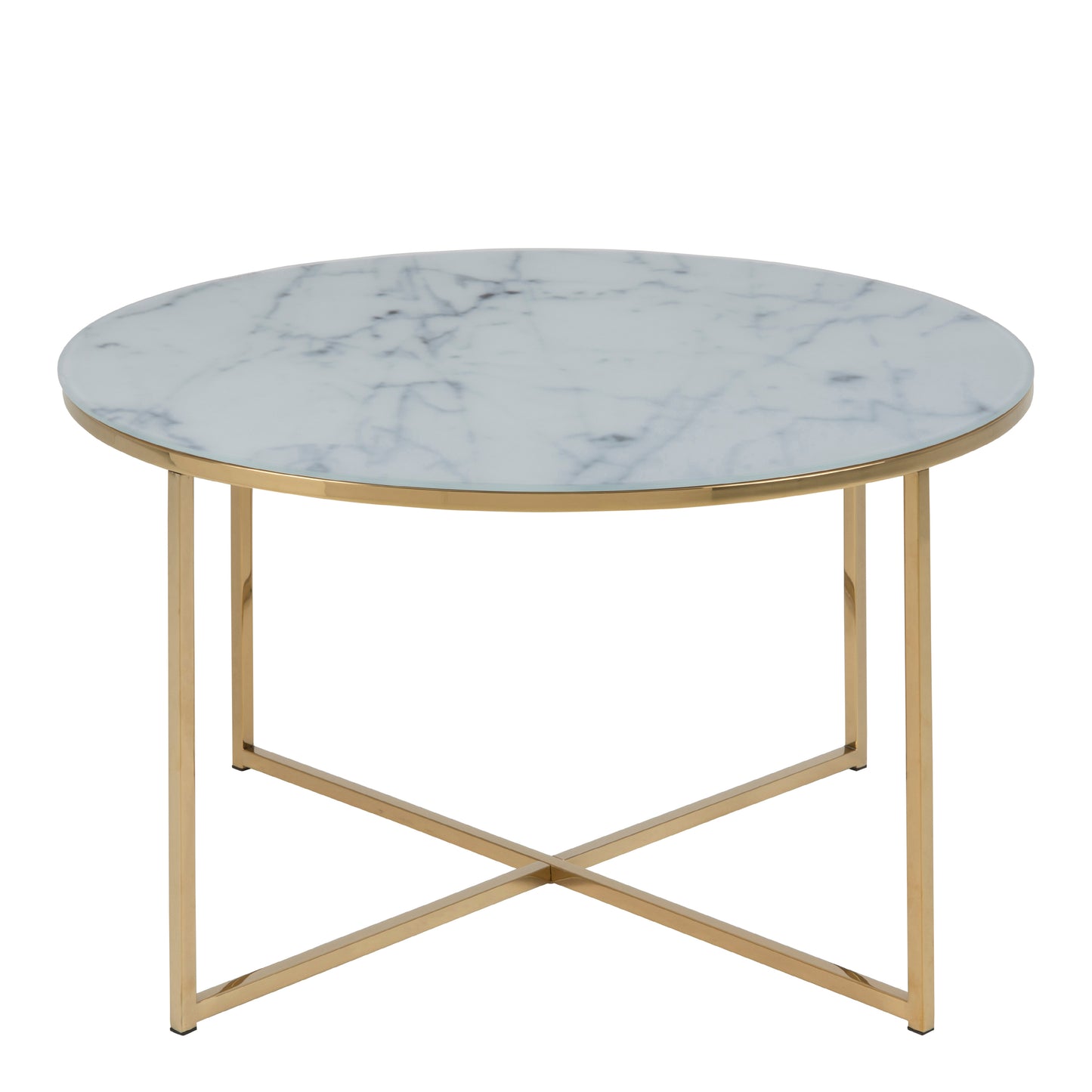 Alisma Round Coffee Table with White Marble Effect Glass Top & Gold Legs