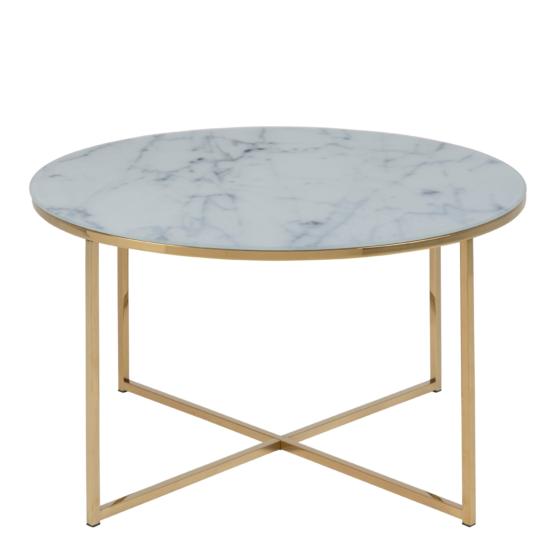 Alisma Round Coffee Table with White Marble Effect Glass Top & Gold Legs