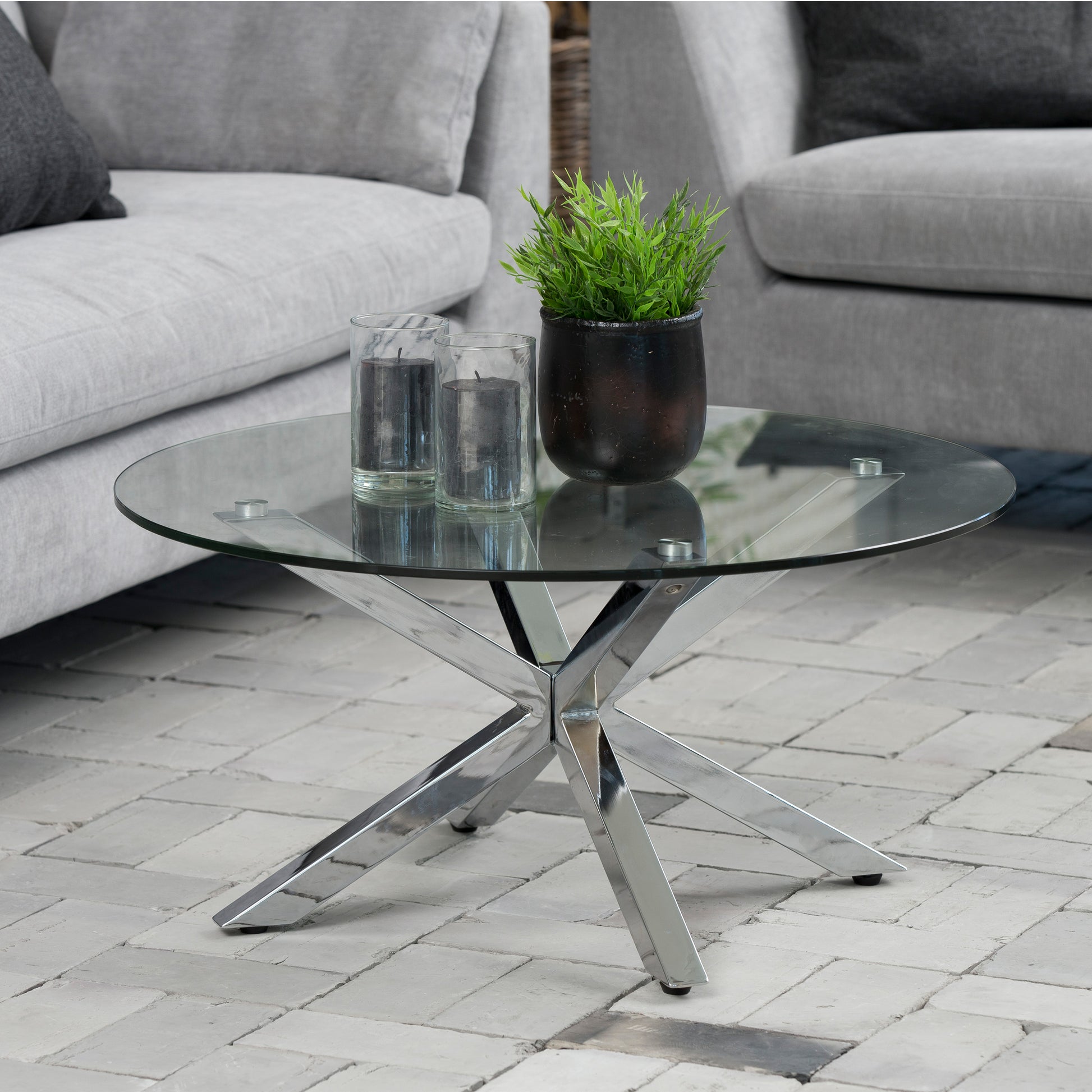 Heaven Round Coffee Table with Glass Top and Chrome Legs