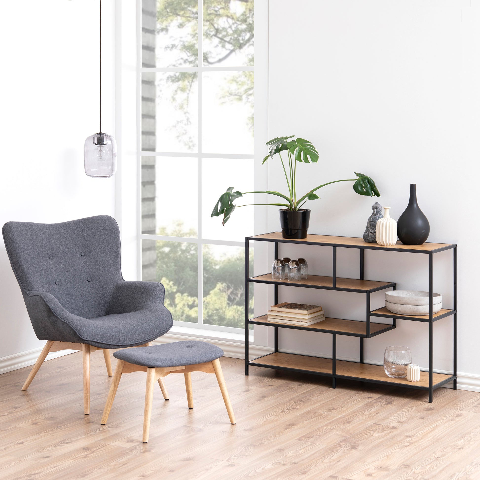 Seaford Wide Black Metal Bookcase with 4 Oak Shelves