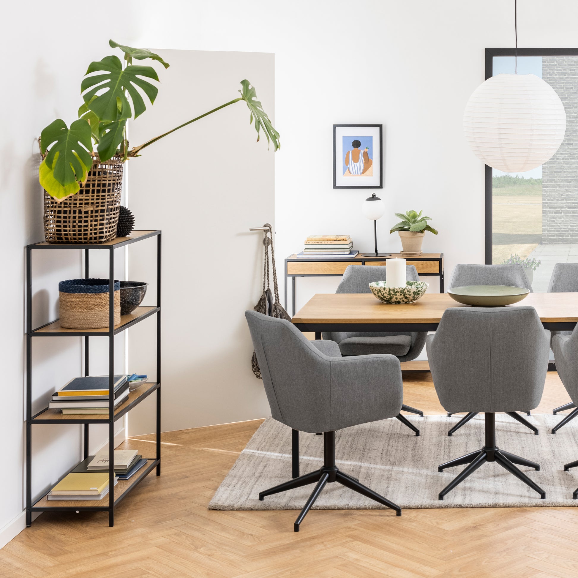 Seaford Black Metal Low Bookcase with 3 Oak Shelves