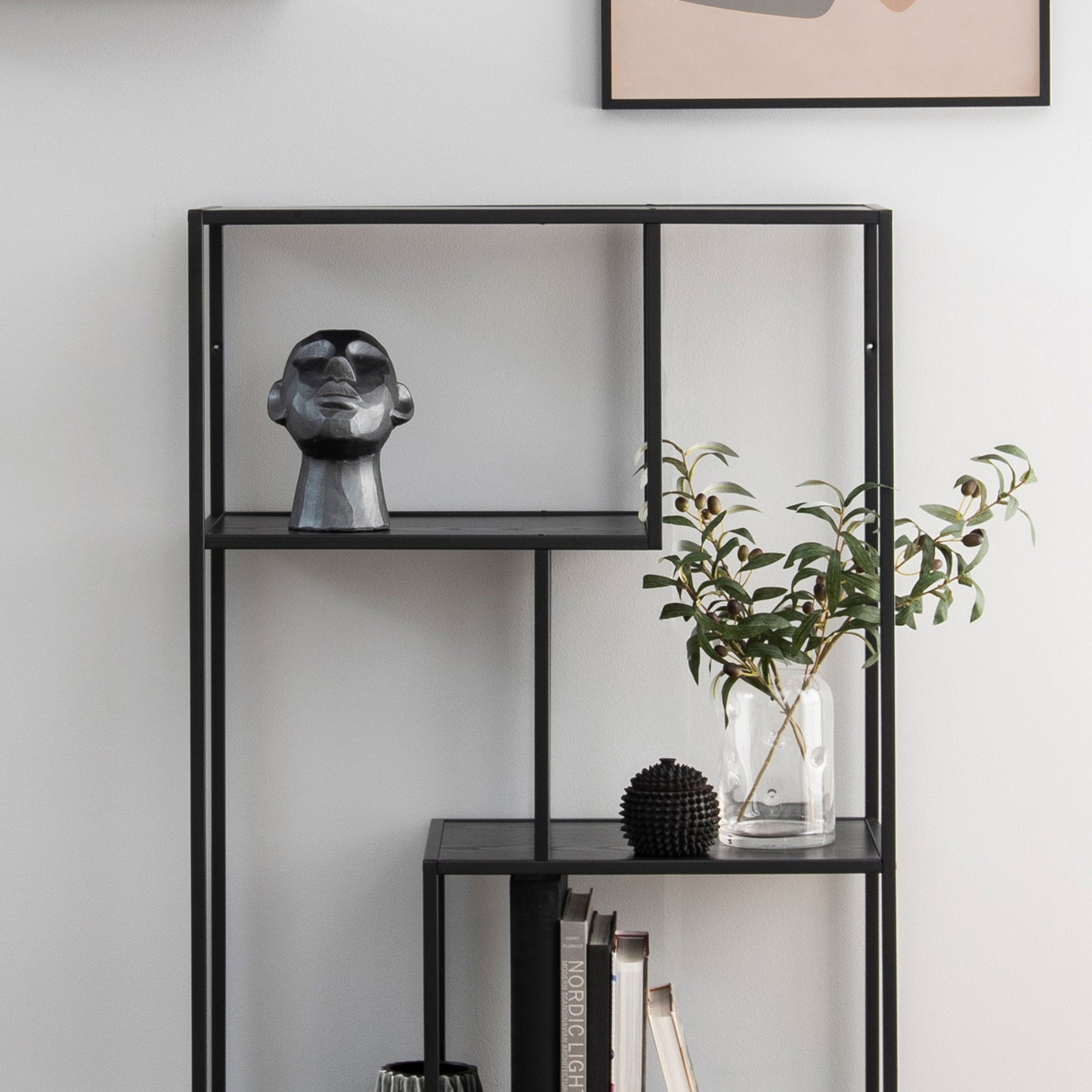 Seaford Black Metal Asymmetrical Bookcase with 3 Black Shelves