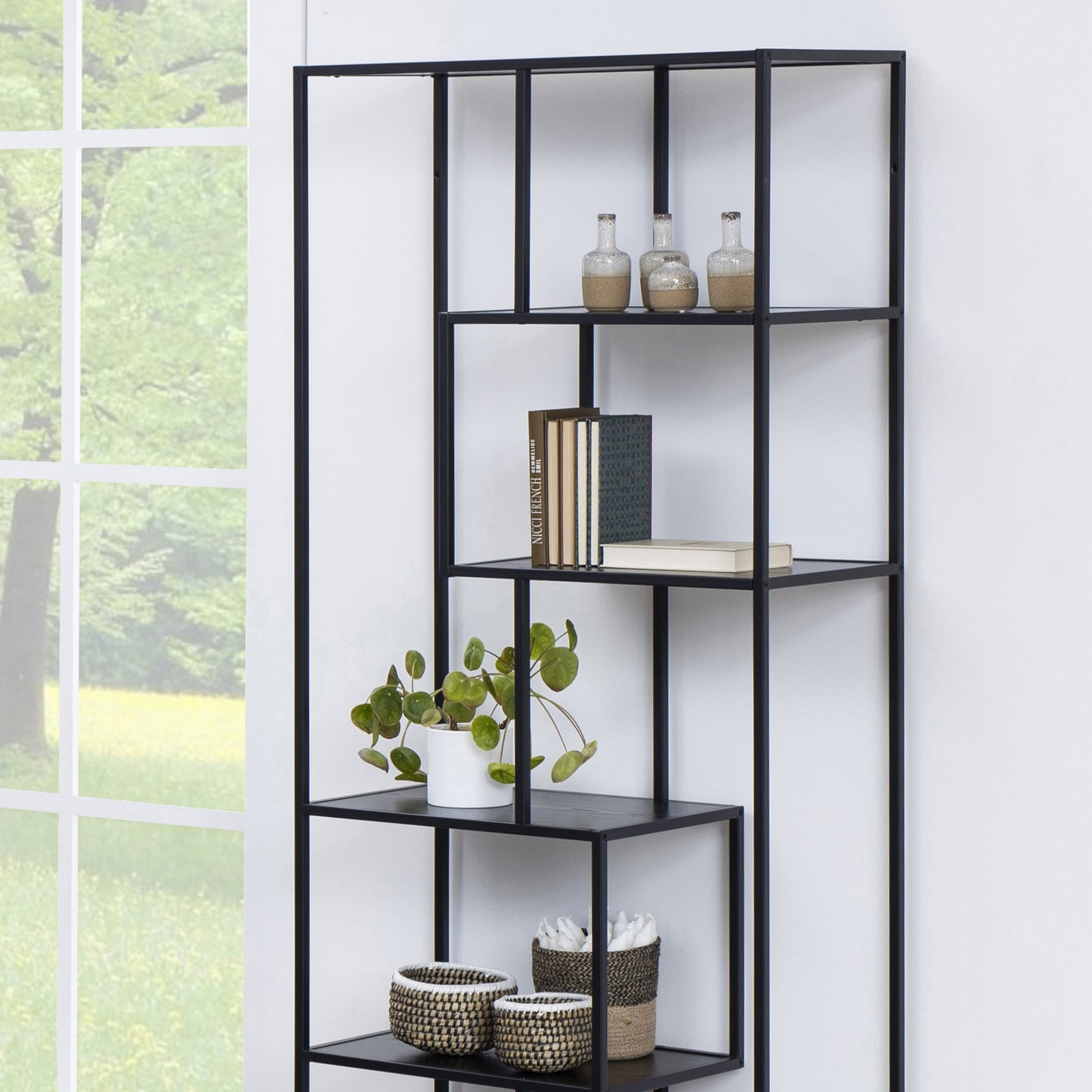 Seaford Tall Black Metal Bookcase with 5 Black Shelves