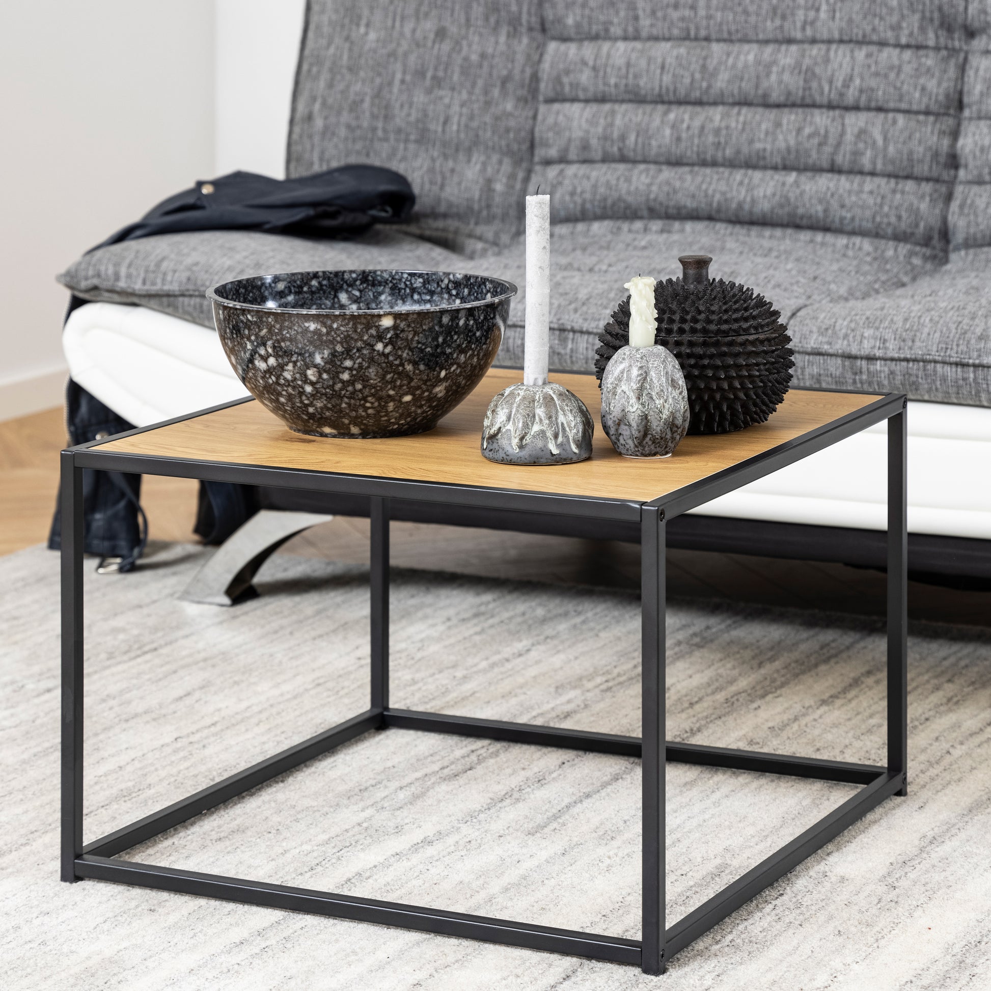 Seaford Black Metal Coffee Table with Oak Top