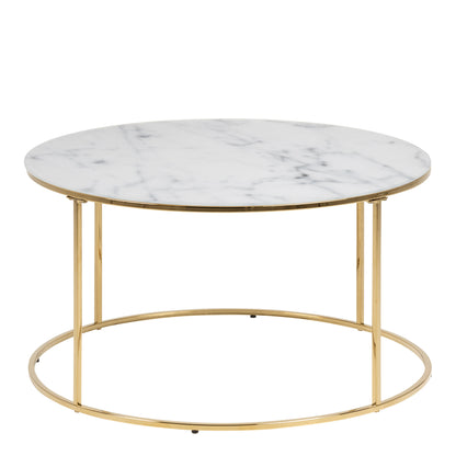 Bolton -A1 Round Coffee Table with White Crystal Clear Marble Glass Top & Gold Base