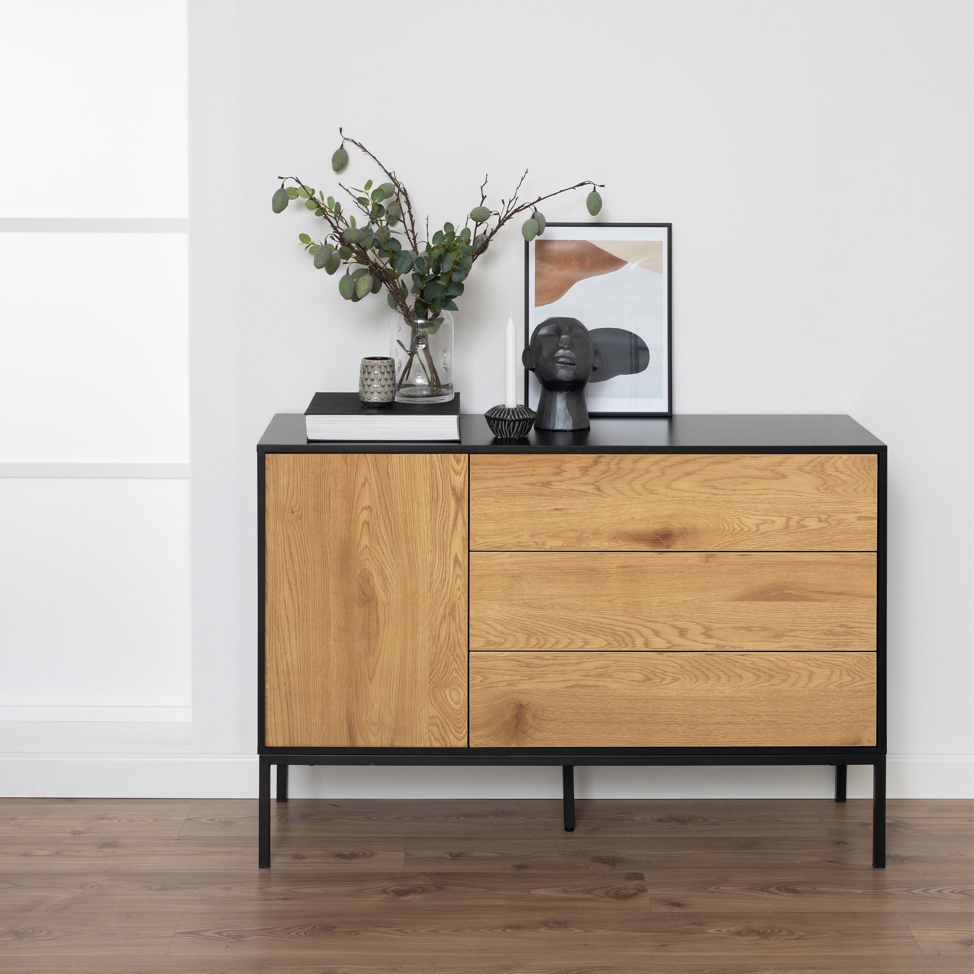 Seaford 1 Door 3 Drawer Small Sideboard in Black & Oak