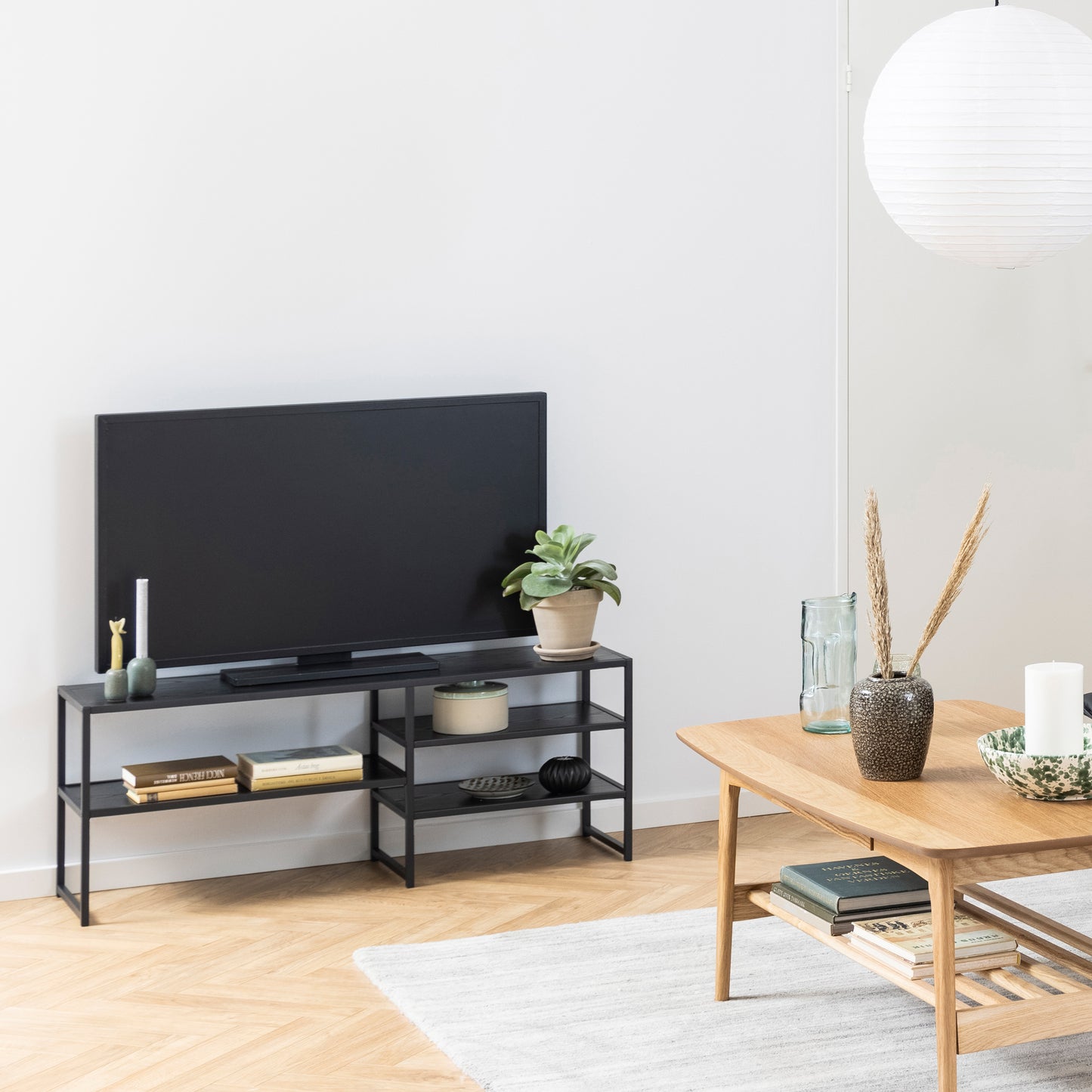 Seaford Black Metal Open TV Unit with 3 Black Shelves