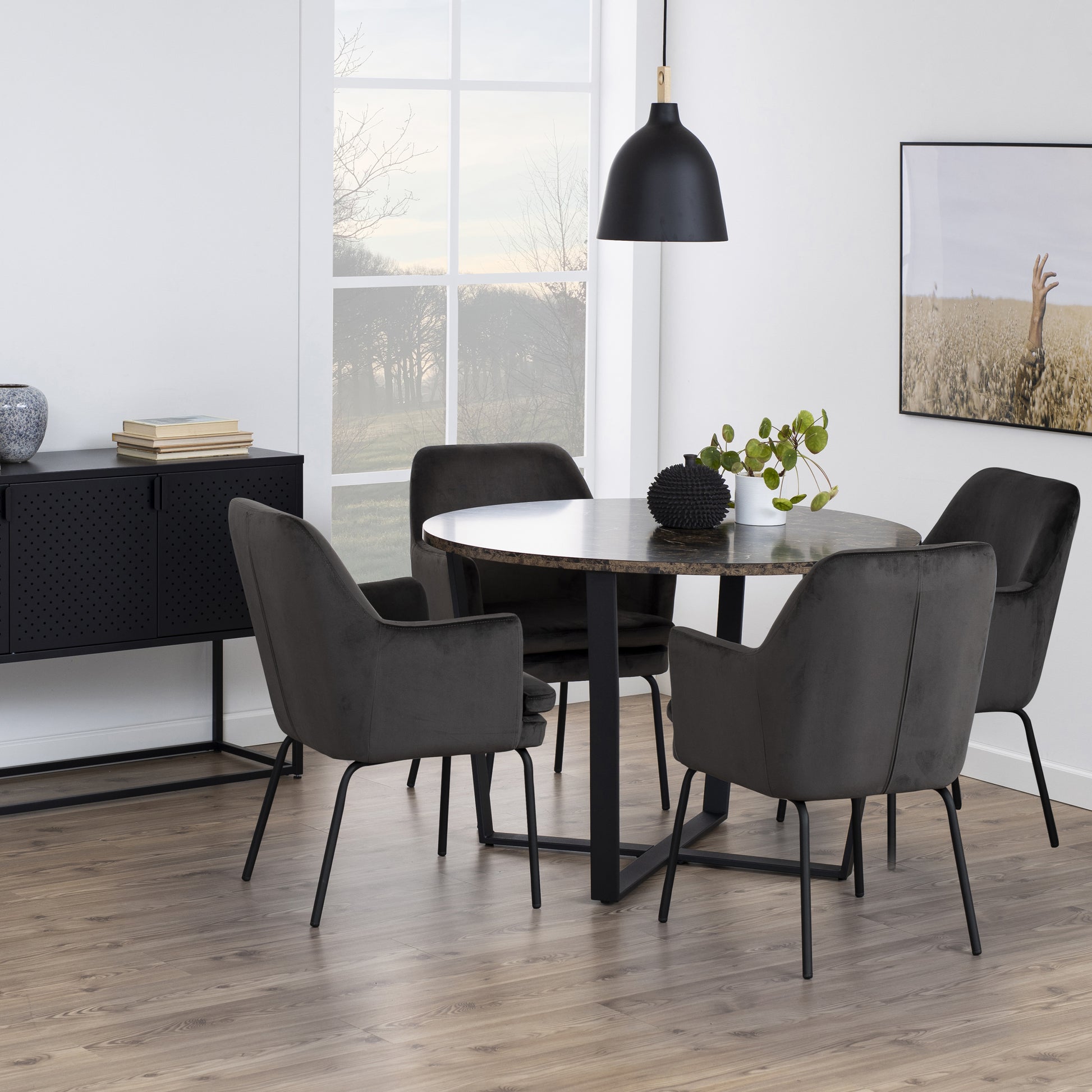 Amble Round Dining Table with Brown Marble Melamine Top & Black Legs