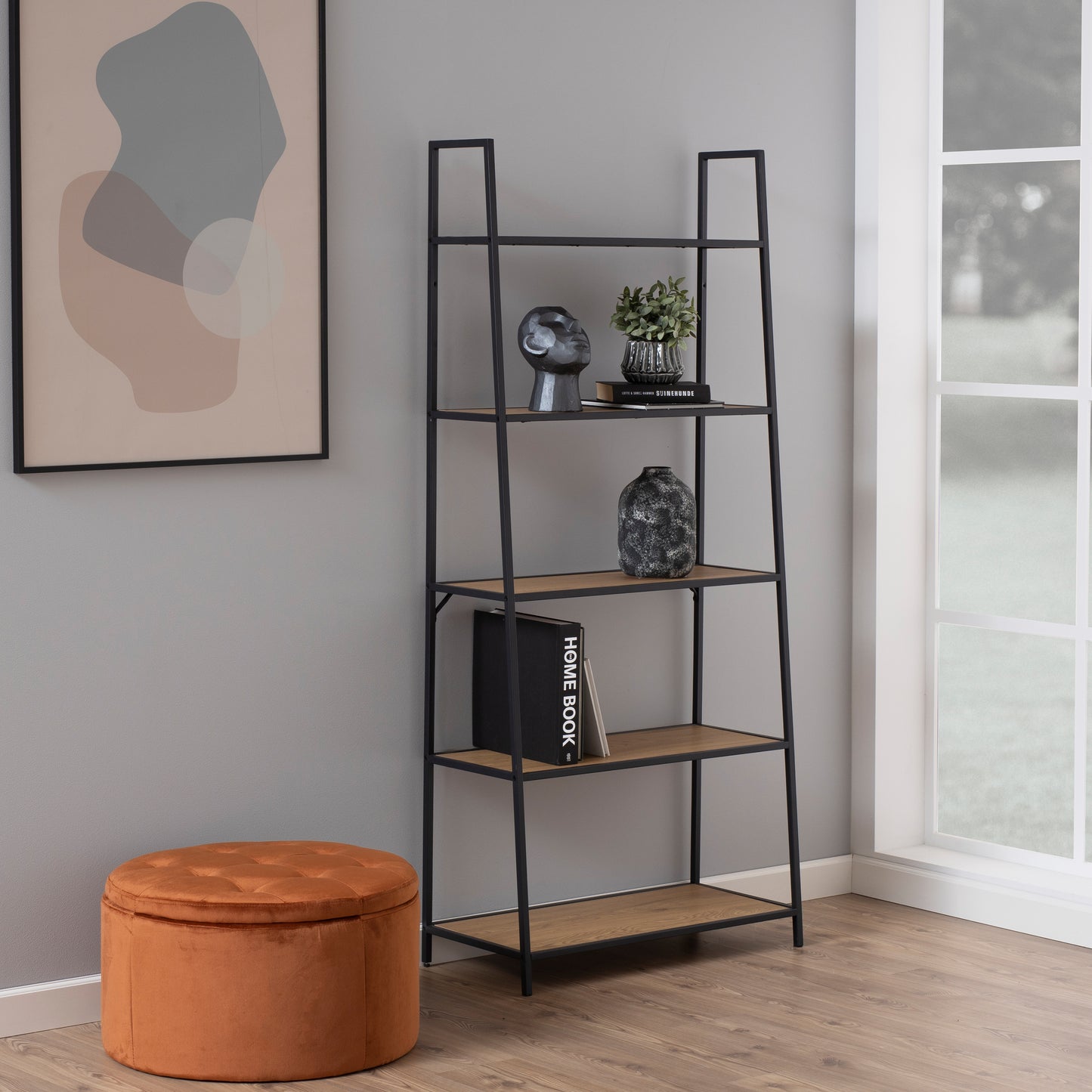 Seaford Black Metal Ladder Bookcase with 5 Oak Shelves