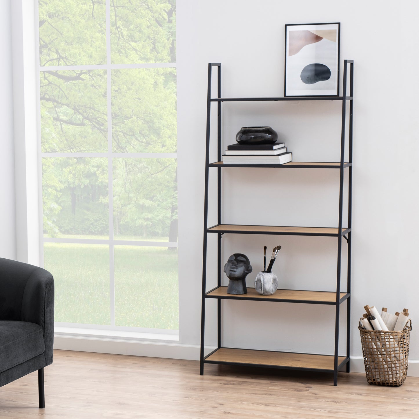 Seaford Black Metal Ladder Bookcase with 5 Oak Shelves