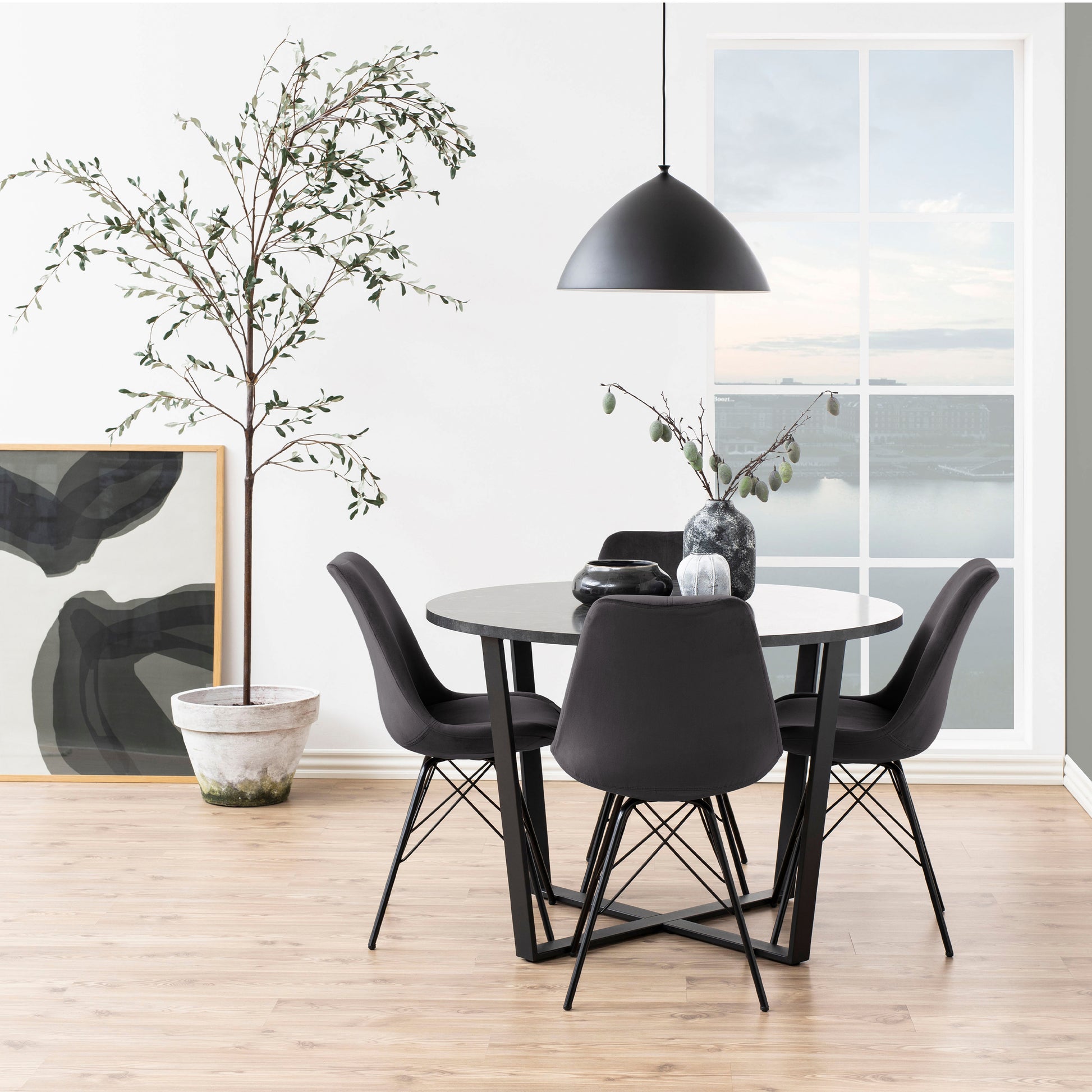 Amble Round Dining Table with Black Marble Melamine Top & Black Legs