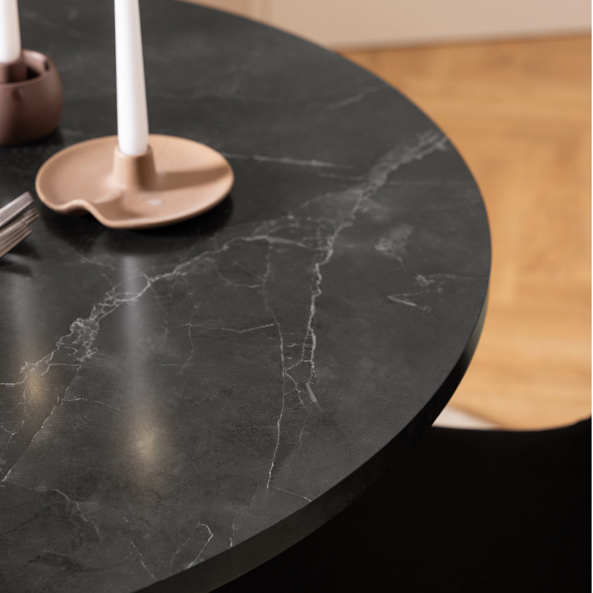 Amble Round Dining Table with Black Marble Melamine Top & Black Legs