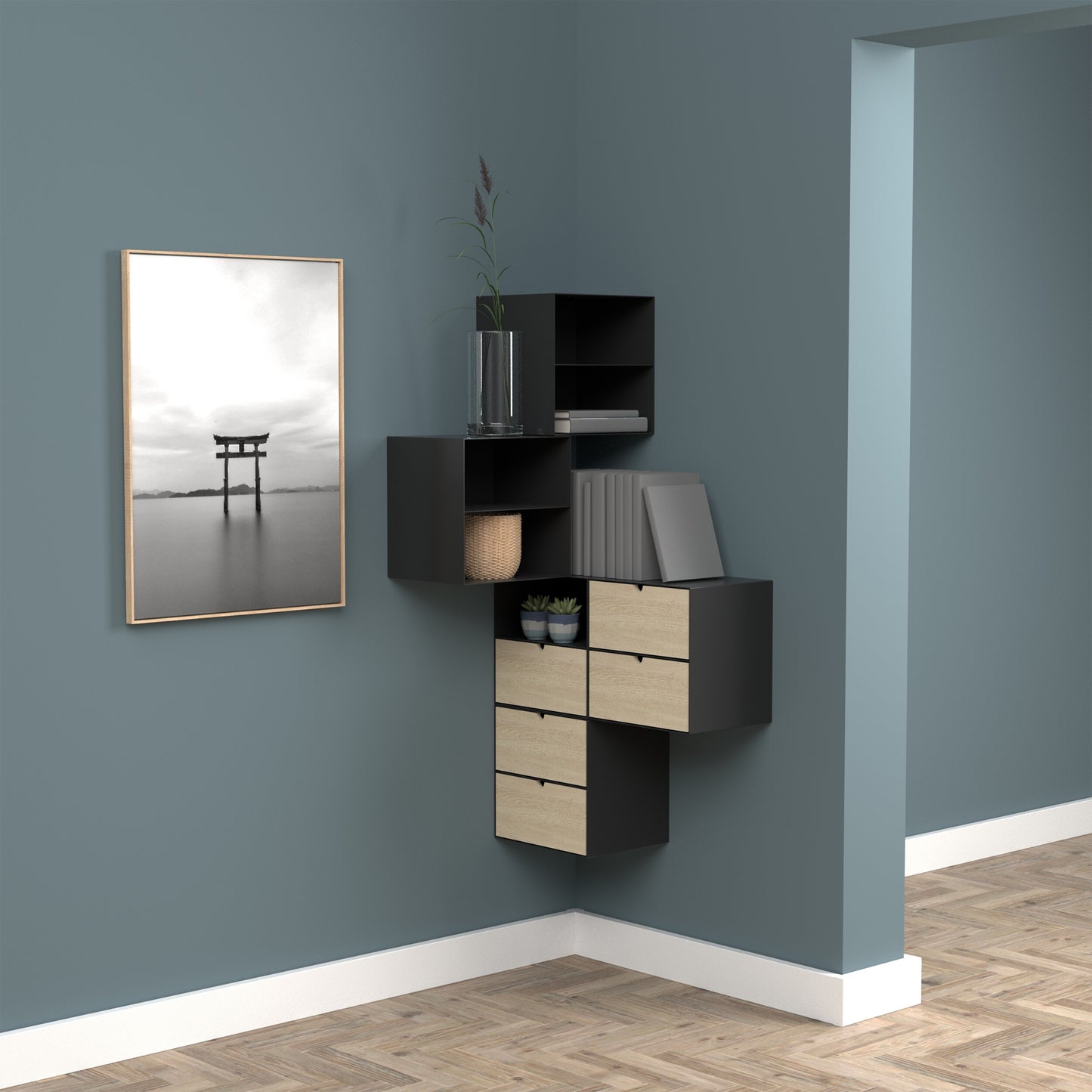 Joliet 1 Drawer Wallmounted Bedside Table in Black & Bamboo