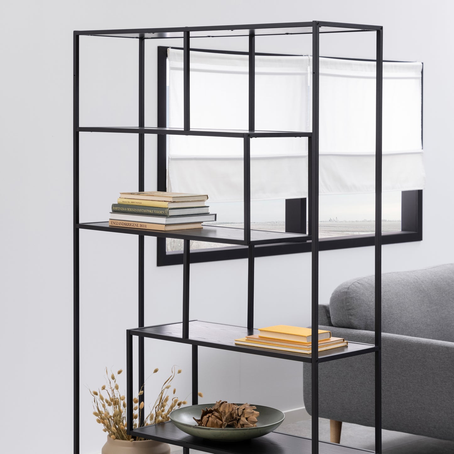 Seaford Black Metal Large Asymmetrical Bookcase with 5 Black Shelves