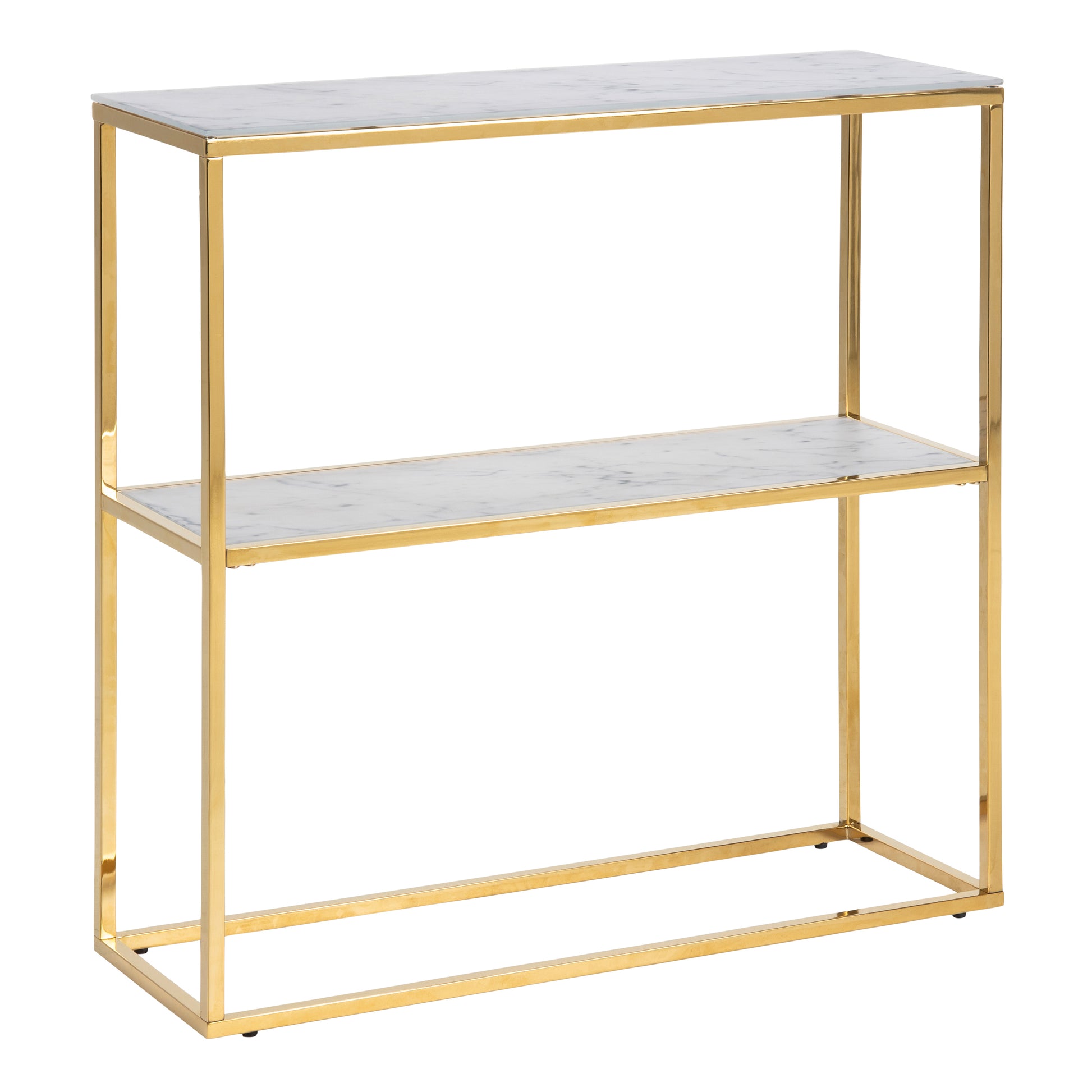 Alisma Console Table with White Crystal Clear Marble Glass Top & Gold Legs