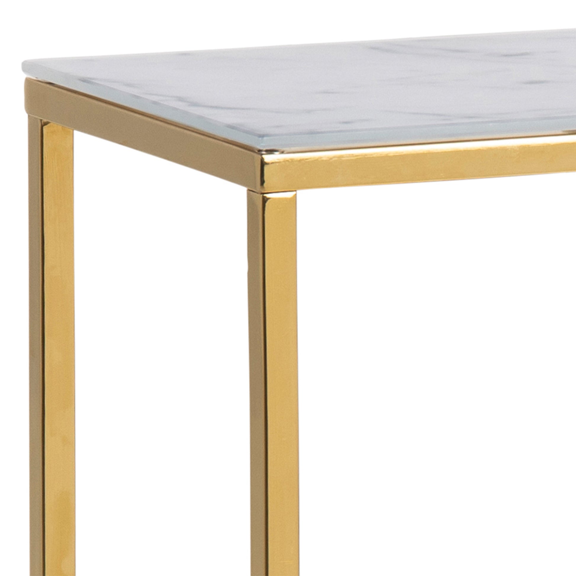 Alisma Console Table with White Crystal Clear Marble Glass Top & Gold Legs