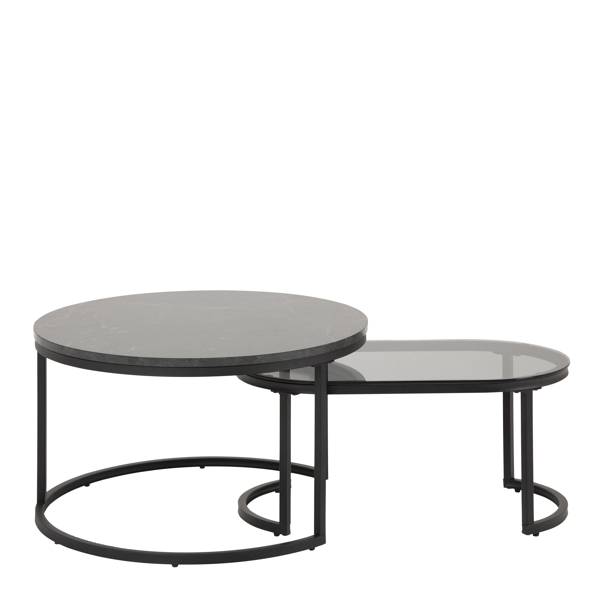 Spiro Round/Oval Coffee Table Set with Black Marble/Smoked Melamine Glass Top