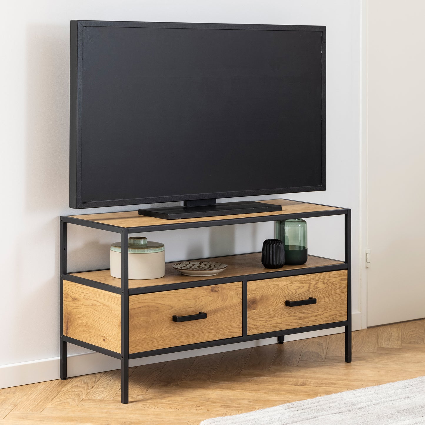 Seaford TV Unit 2 Drawers in Black & Oak