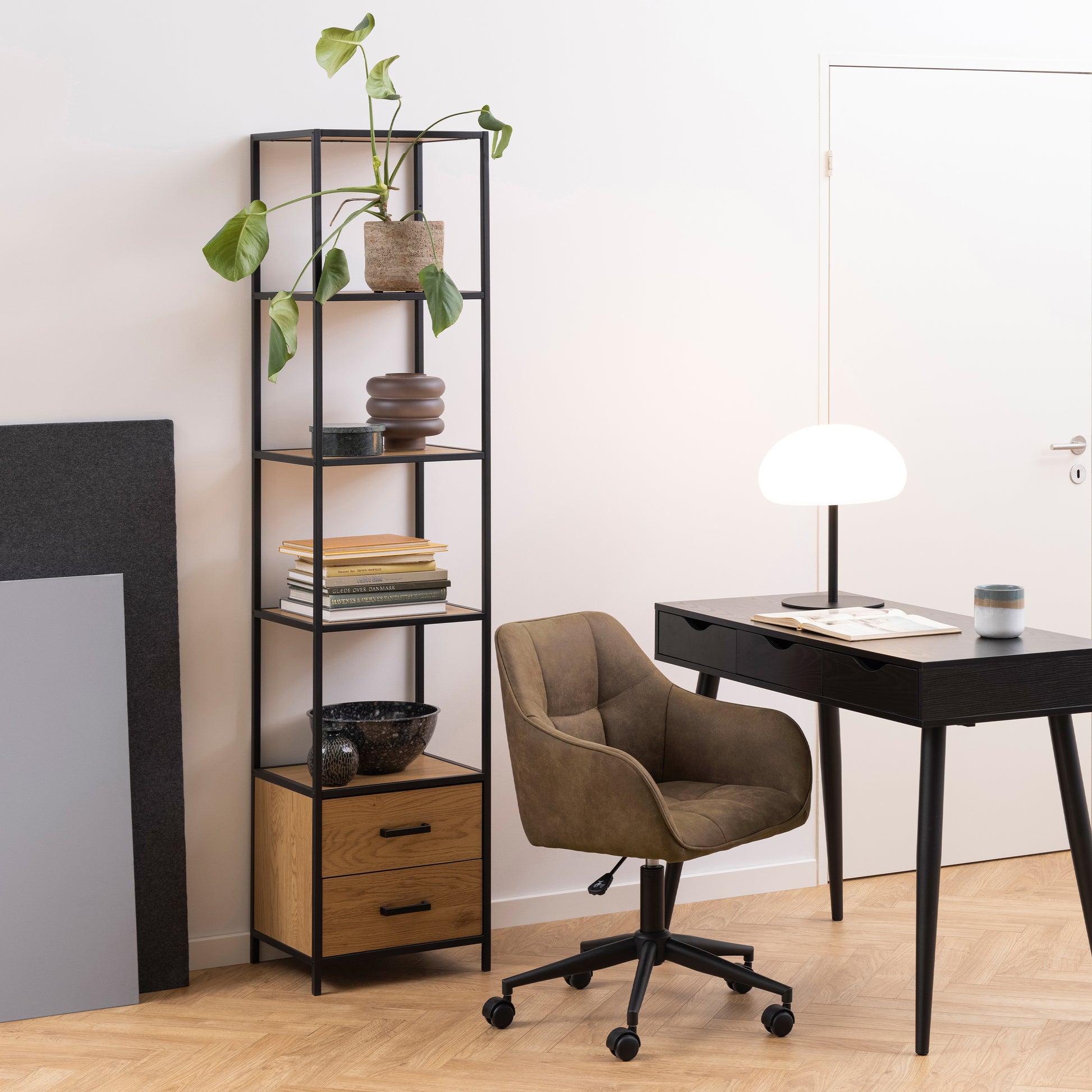 Seaford Bookcase with 2 Drawers and 3 Shelves in Black & Oak