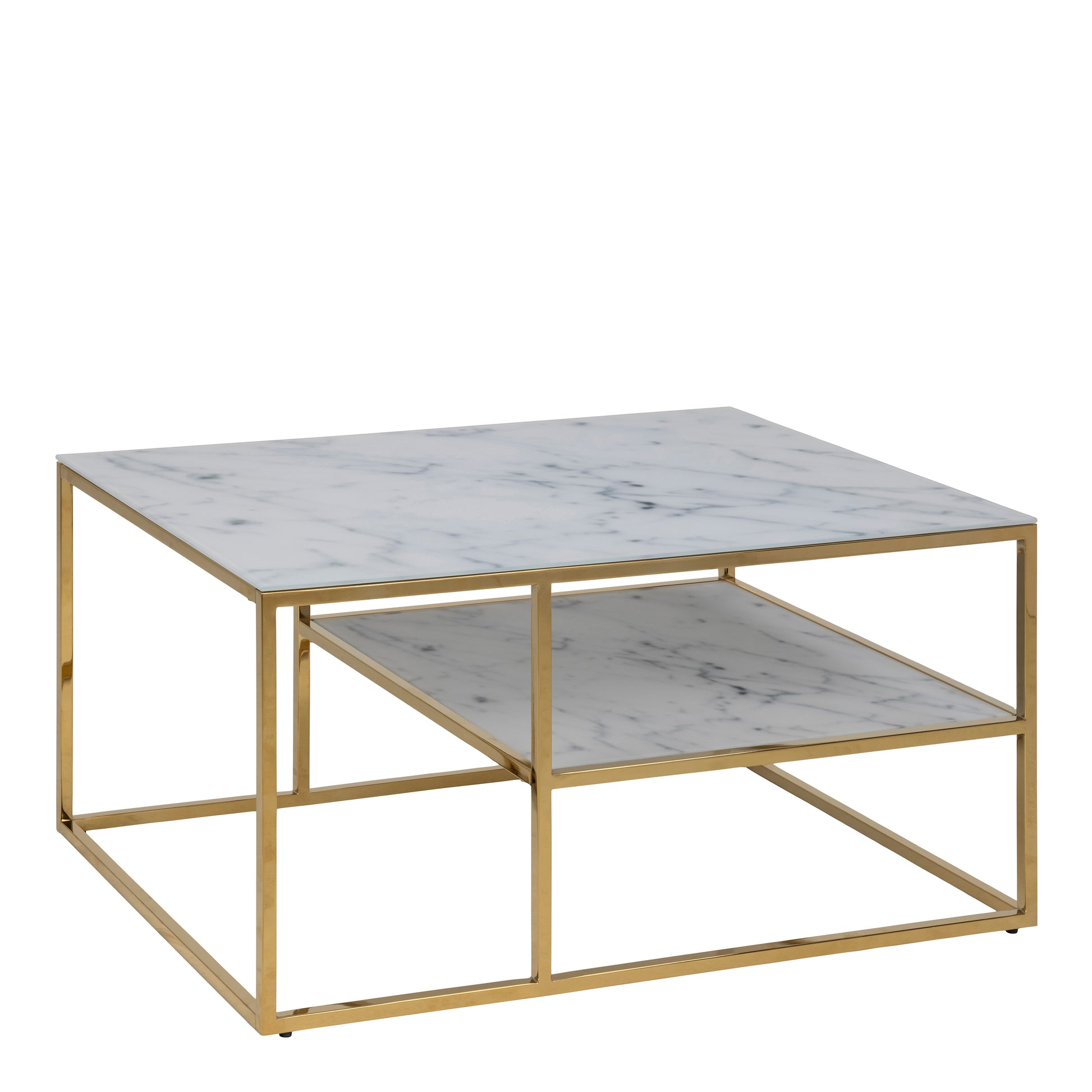 Alisma Open Shelf Coffee Table with White Crystal Clear Marble Glass Top & Gold Legs