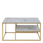 Alisma Open Shelf Coffee Table with White Crystal Clear Marble Glass Top & Gold Legs