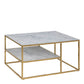 Alisma Open Shelf Coffee Table with White Crystal Clear Marble Glass Top & Gold Legs