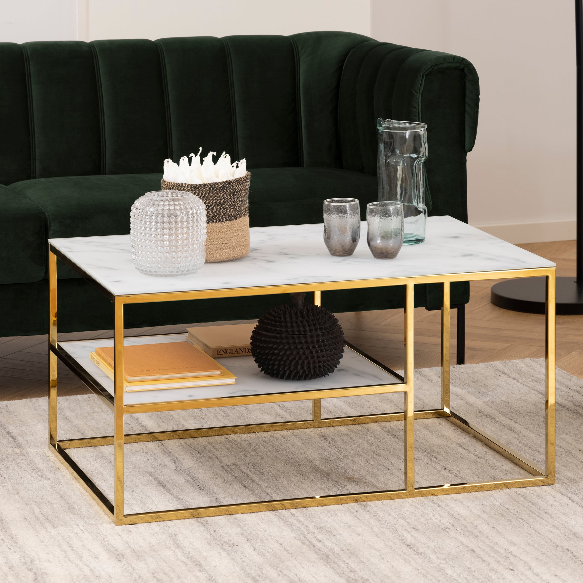 Alisma Open Shelf Coffee Table with White Crystal Clear Marble Glass Top & Gold Legs