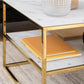 Alisma Open Shelf Coffee Table with White Crystal Clear Marble Glass Top & Gold Legs