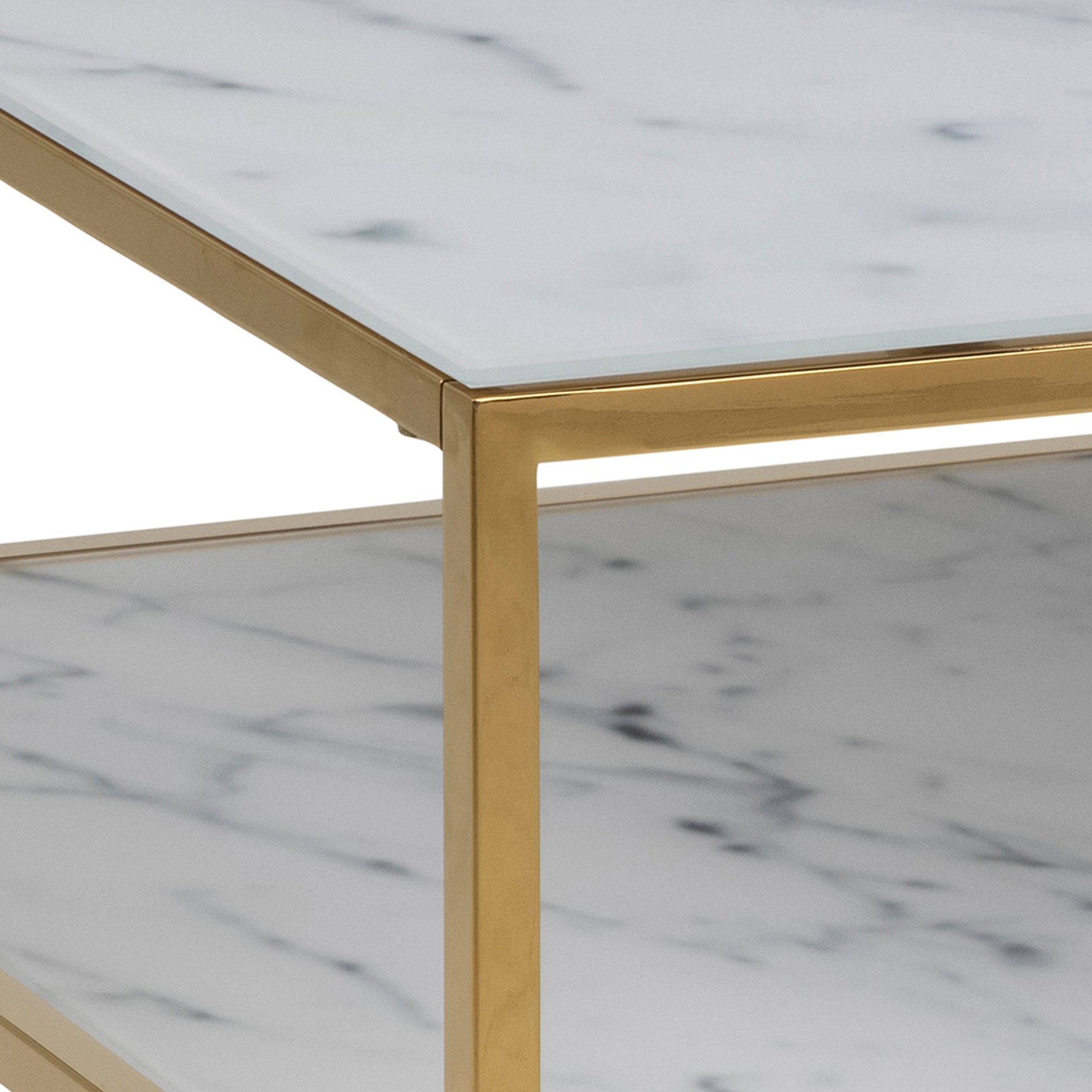 Alisma Open Shelf Coffee Table with White Crystal Clear Marble Glass Top & Gold Legs