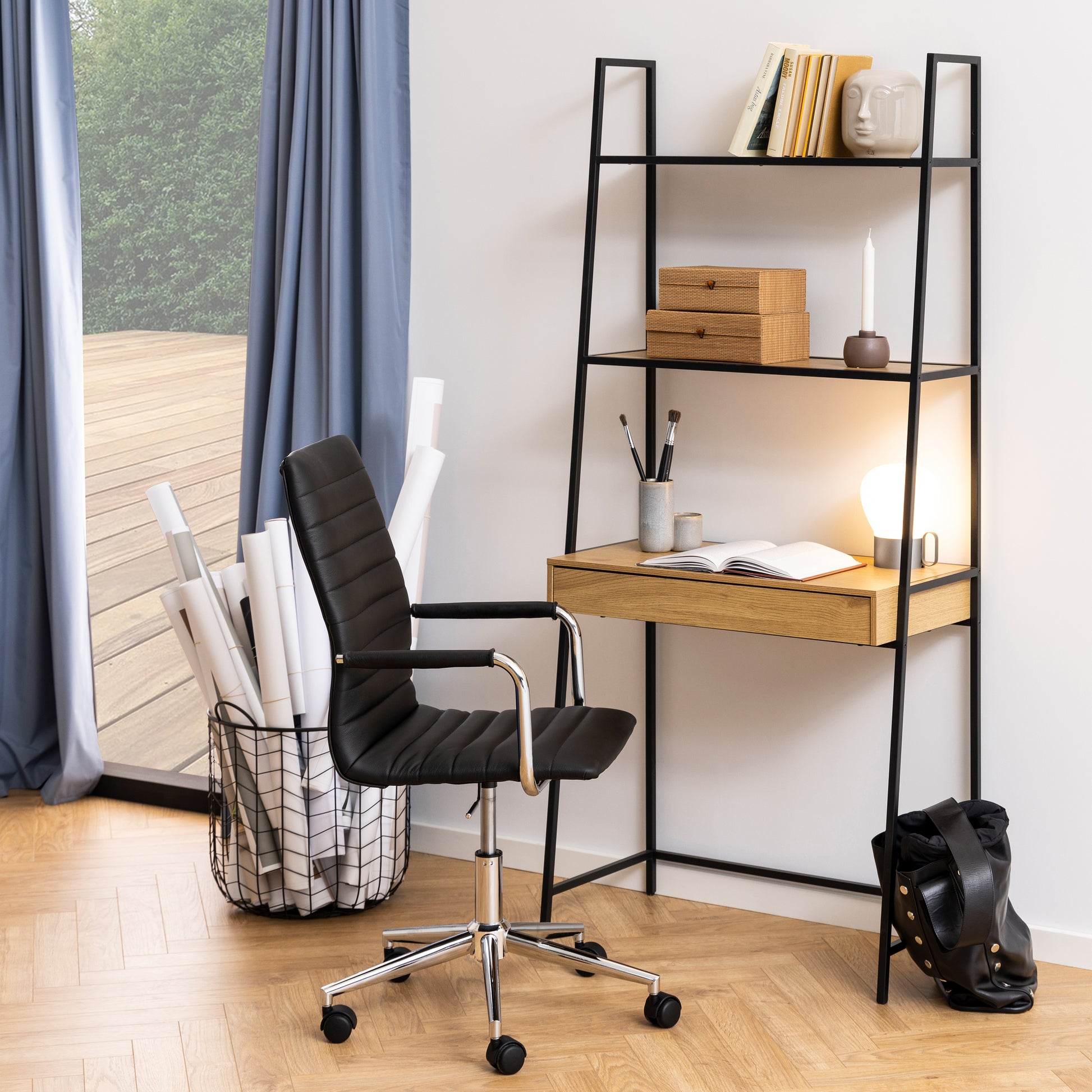 Seaford Bookcase with 1 Drawer in Black and Oak