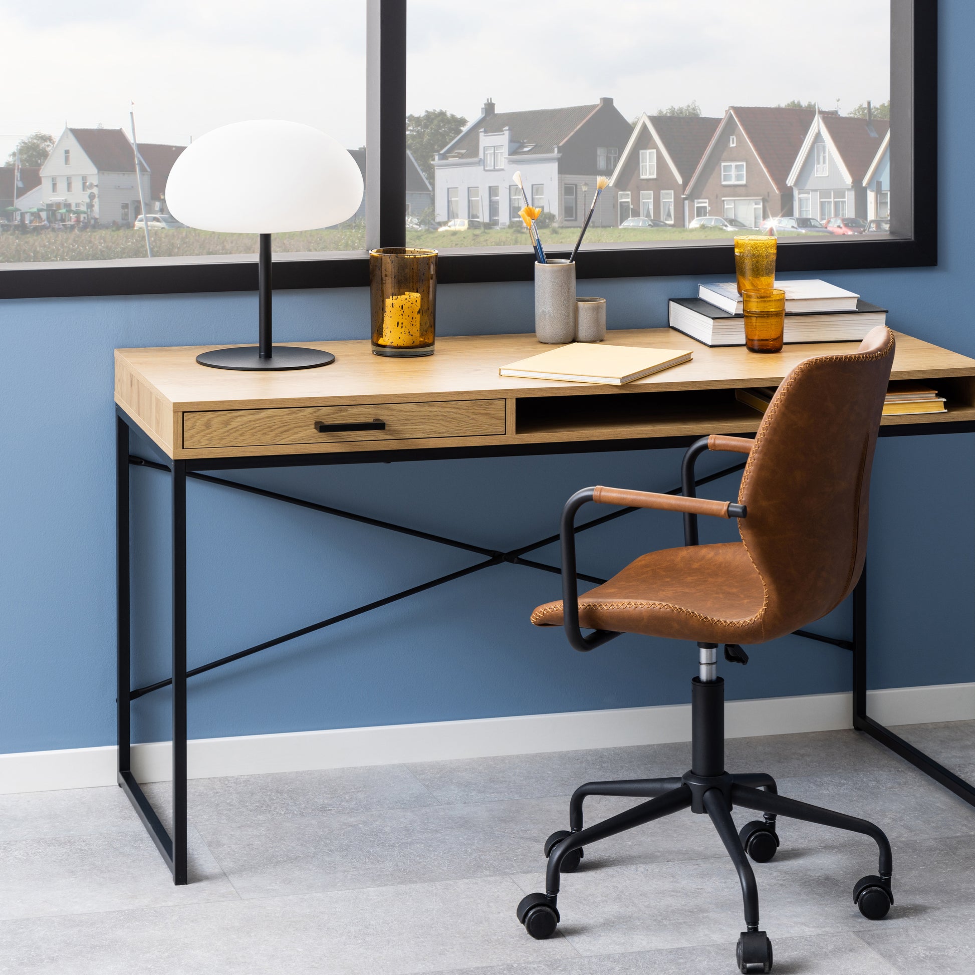 Seaford Office Desk with 1 Drawer in Black and Oak