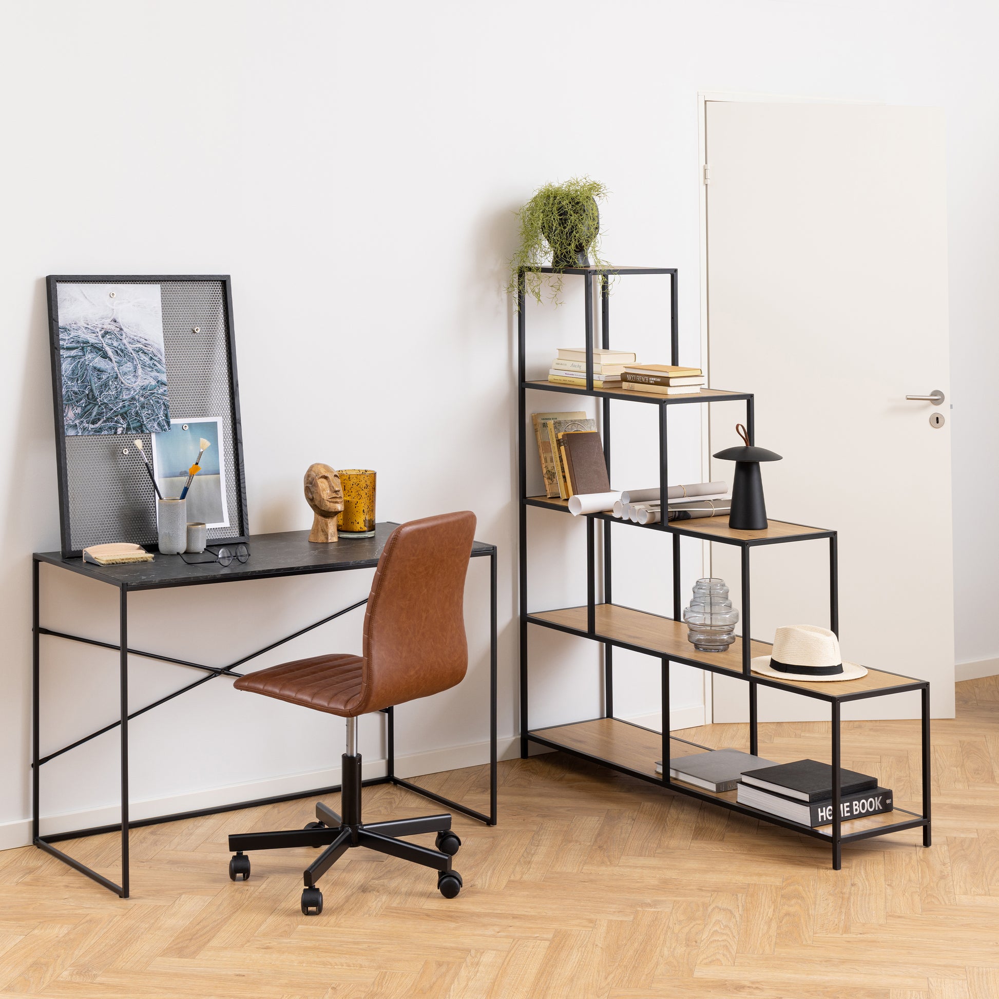 Seaford Bookcase with 4 Shelves in Black and Oak