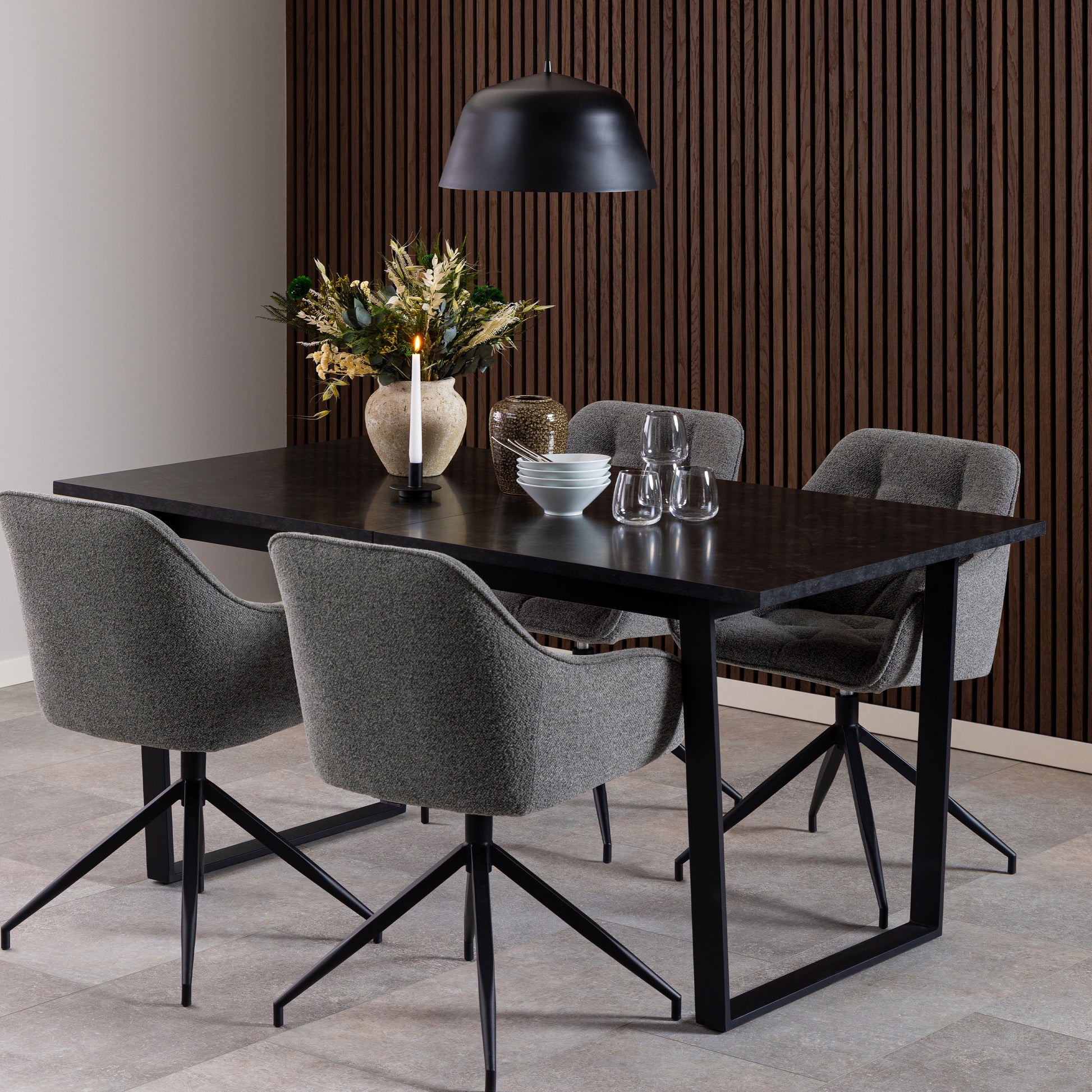 Amble Extending Dining Table with Black Marble Melamine Top & Black Legs 160-220