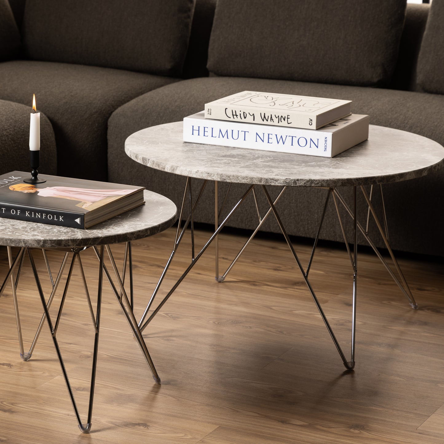 Prunus Round Coffee Table with Grey-Brown Marble Top