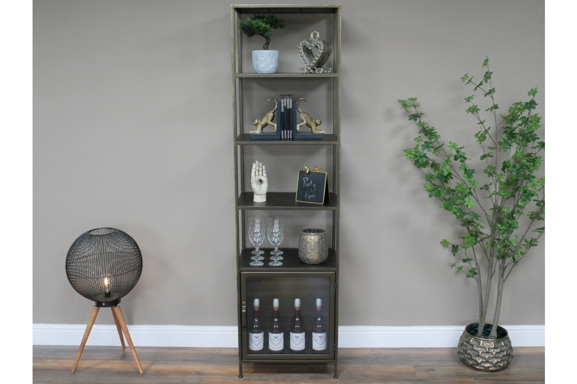 Industrial Brass 4 Shelf & 1 Door Display Cabinet