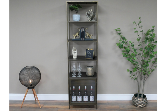 Industrial Brass 4 Shelf & 1 Door Display Cabinet