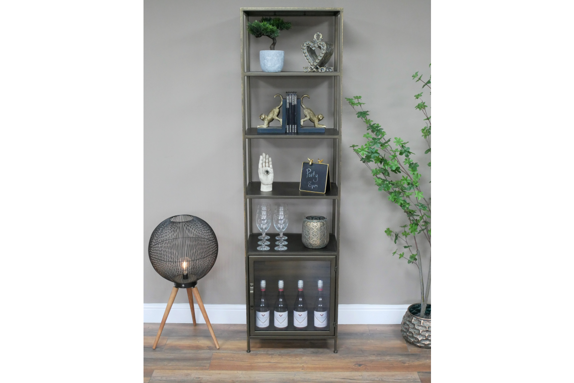 Industrial Brass 4 Shelf & 1 Door Display Cabinet