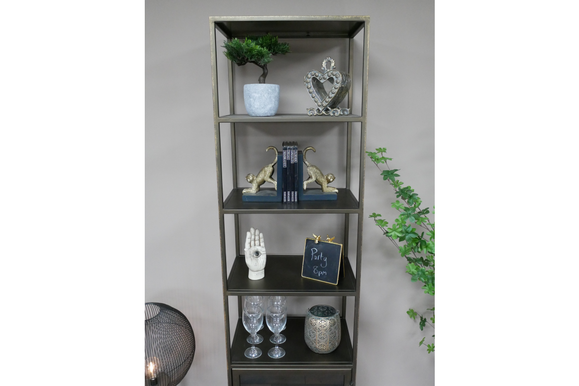 Industrial Brass 4 Shelf & 1 Door Display Cabinet