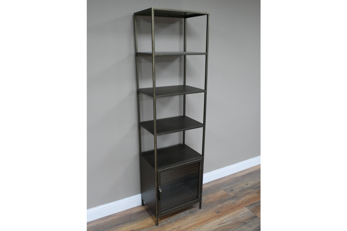 Industrial Brass 4 Shelf & 1 Door Display Cabinet