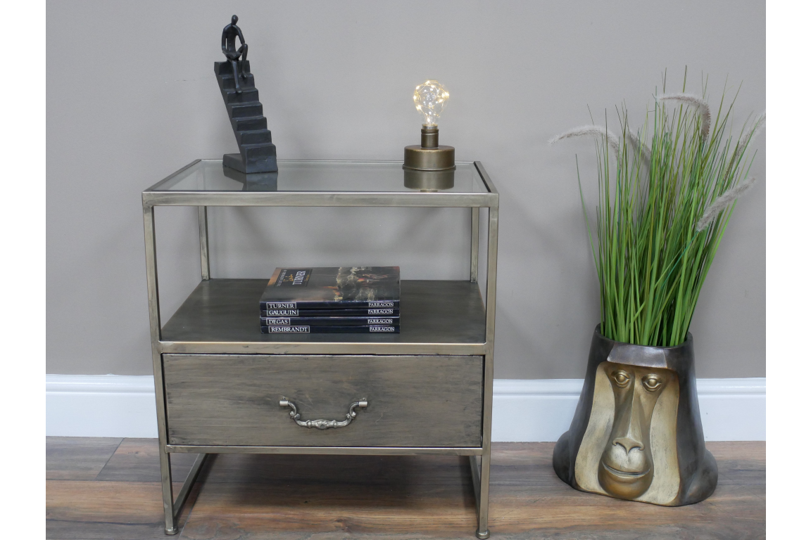 Industrial Brushed Nickel Bedside Cabinet with Glass Top