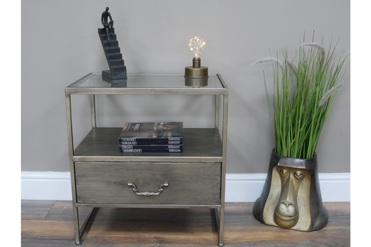 Industrial Brushed Nickel Bedside Cabinet with Glass Top