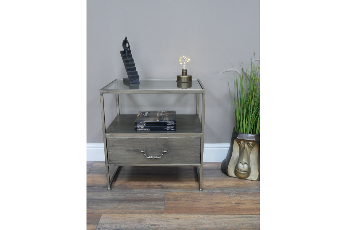 Industrial Brushed Nickel Bedside Cabinet with Glass Top