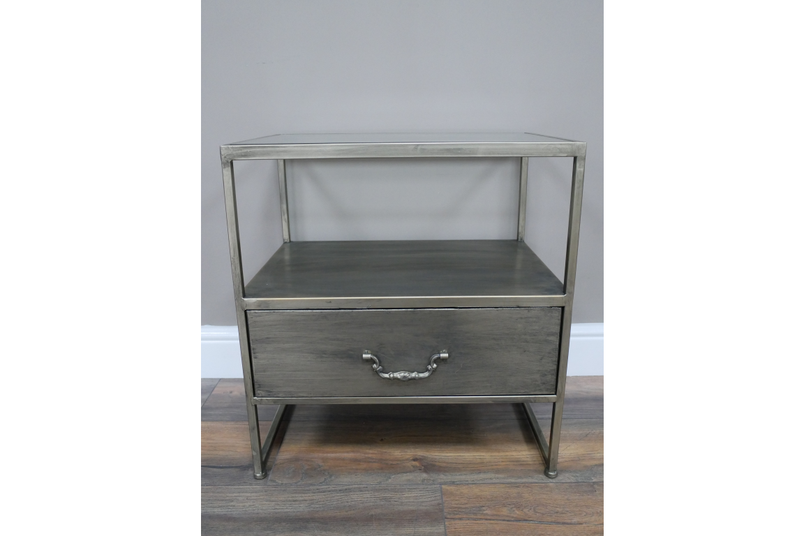 Industrial Brushed Nickel Bedside Cabinet with Glass Top