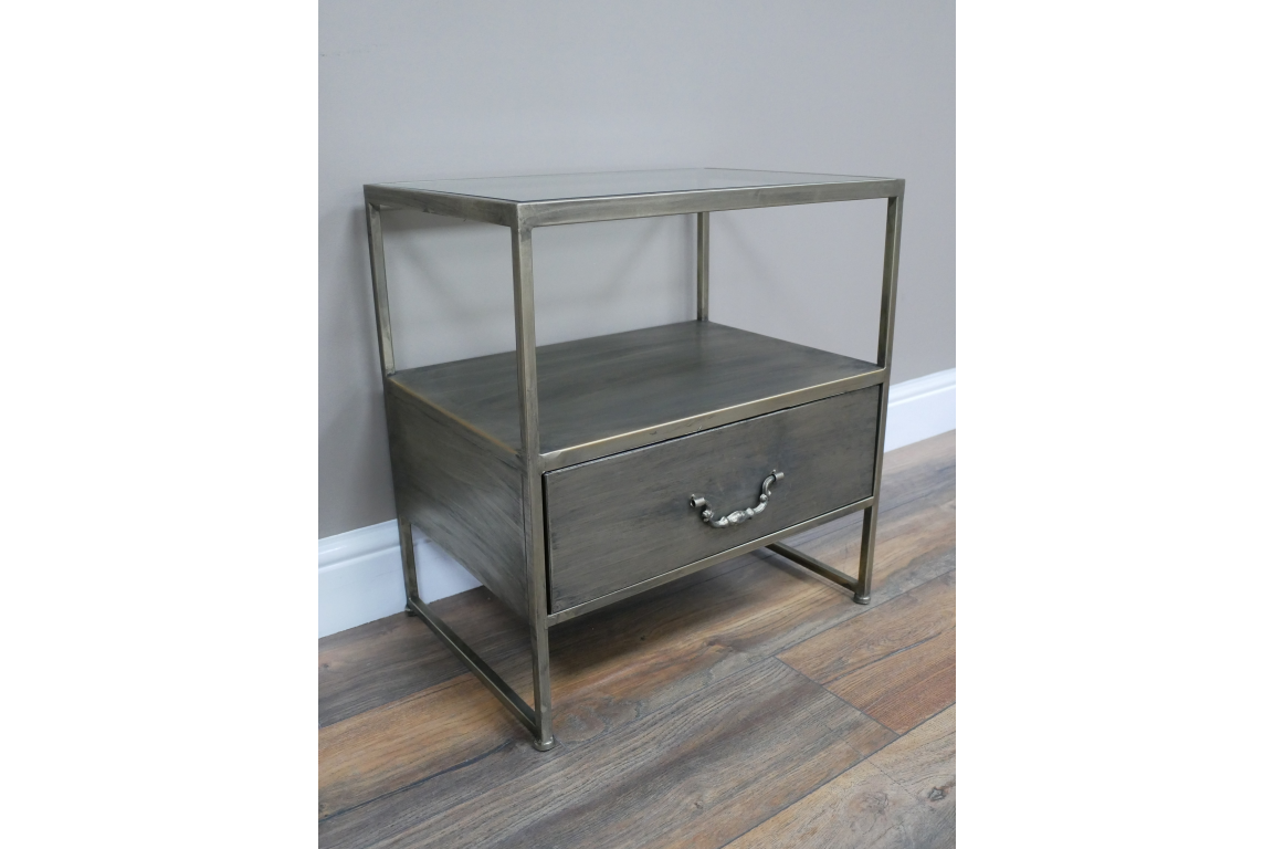 Industrial Brushed Nickel Bedside Cabinet with Glass Top