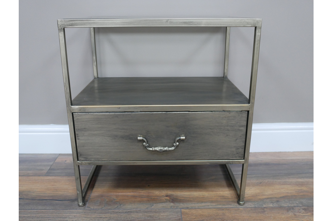 Industrial Brushed Nickel Bedside Cabinet with Glass Top