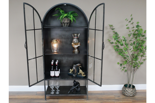 Black Metal Arched Top Two Glass Door Industrial Display Cabinet